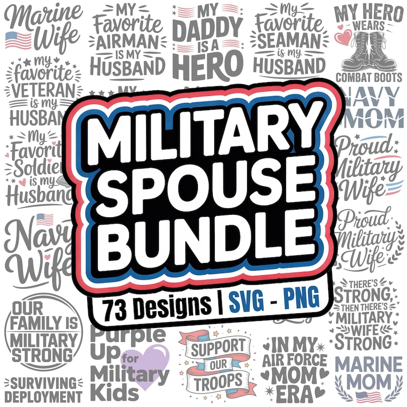 Military Spouse SVG PNG Designs, 73 designs, marine wife, lima oscar victor echo, navy mom, my hero wears combat boots, surviving deployment, purple up for military kids, proud military wife, my mommy is my hero, support our troops, in my marine wife era, navy wife, marine mom, air force wife, our family is military strong