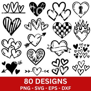 Può includere: Una collezione di 80 disegni di cuori in bianco e nero in vari stili. I disegni includono cuori con frecce, fiamme, elementi floreali e motivi a scacchi. L'immagine include anche il testo "80 DESIGNS" e informazioni sul tipo di file.