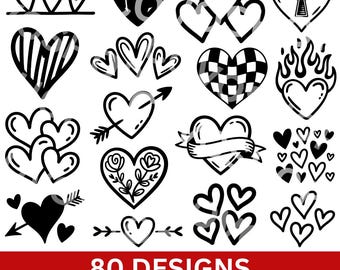 80 Heart SVG PNG Bundle, Heart Doodles and Clipart, dxf eps files, dividers, Cut Files for Cricut, Silhouette, Sublimation, Valentines Day