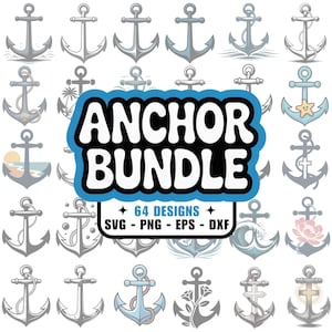 Puede incluir: Una colección de 64 diseños de anclas en varios estilos, incluyendo elementos náuticos y decorativos. La imagen presenta diversas ilustraciones de anclas en tonos grises y azules, con el texto "ANCHOR BUNDLE" e información del tipo de archivo.
