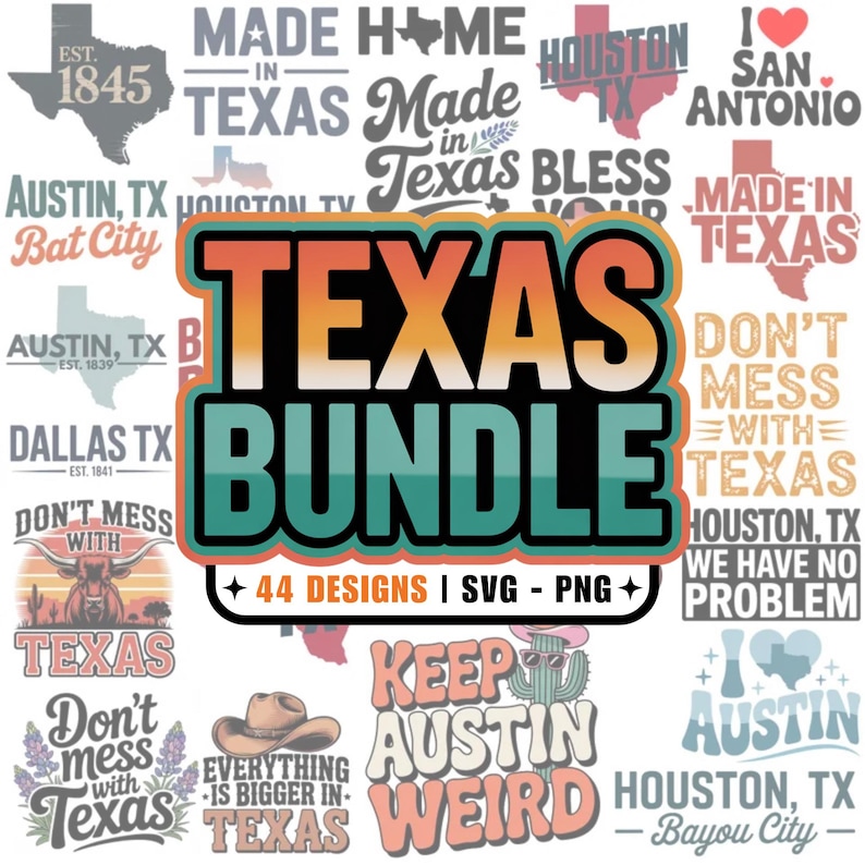 svg png, 44 designs, texas bundle. A collection of texas themed vector graphics perfect for cricut, silhouette, sublimation, dtf printing, POD, tshirt designs, mugs tote bags and more!