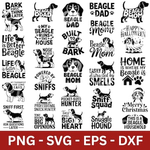 Pode incluir: Uma coleção de gráficos em preto e branco com tema Beagle com várias frases e ilustrações de cães. O texto inclui "Beagle Dad", "Sniff Squad" e "Merry Christmas". Formatos: PNG, SVG, EPS, DXF.