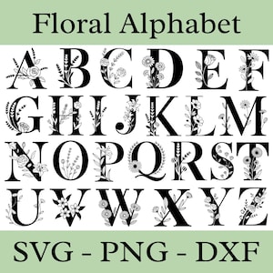 Blumen Alphabet SVG PNG DXF Bilddateien | 78 Designs | Rosen, Lilien, Pfingstrosen, Lavendel, Gänseblümchen, Blumen, Schnitt Dateien für Cricut, Silhouette,