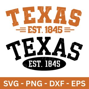 Puede incluir: Un diseño gráfico digital que presenta la palabra TEXAS en letras de bloque naranjas sobre el texto EST. 1845 con líneas horizontales. Debajo, la palabra TEXAS aparece en letras de bloque negras sobre un óvalo negro con el texto EST. 1845.