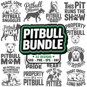 Puede incluir: Una colección de diseños en blanco y negro con temática de Pitbull. La imagen presenta varios diseños de texto, incluyendo "Pitbull Bundle", "Pitbull Dad" y "Property of a Pitbull". Los diseños también incluyen ilustraciones de Pitbulls.