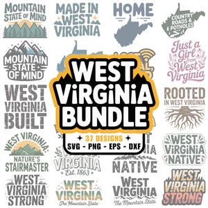 west virginia bundle, 37 designs, svg, png, dxf, eps. A collection of west virginia vector designs perfect for cricut, silhouette, sublimation, DTF Printing, POD, tshirts, mugs, tote bags and more!