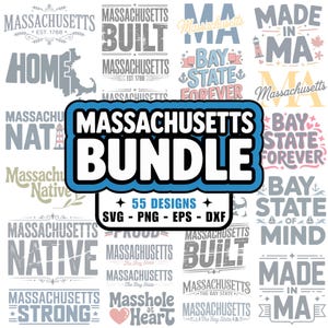 Puede incluir: Una colección de diseños con el tema de Massachusetts en varios estilos. La imagen presenta el texto "Massachusetts Bundle" con "55 Designs" y opciones de tipo de archivo. Los diseños incluyen "Bay State Forever" y "Made in MA".
