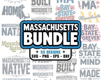 55 Massachusetts PNG SVG Bundle, dxf eps files, The Bay State, MA, Boston, Worcester, Lowell, Brockton, Cricut, Silhouette, Tshirt Designs