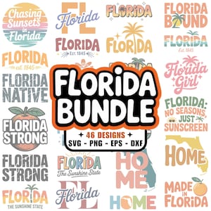 May include: A collection of 46 Florida-themed designs in various styles. The designs include text such as "Florida Bound", "Florida Girl", and "Florida Strong", along with images of palm trees and oranges. Formats include SVG, PNG, EPS, and DXF.
