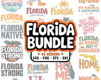 46 Florida SVG PNG Bundle, dxf eps, The Sunshine State, FL, Miami, Jacksonville, Florida Man, Orlando, Tampa, St Petersburg, Cricut, Designs