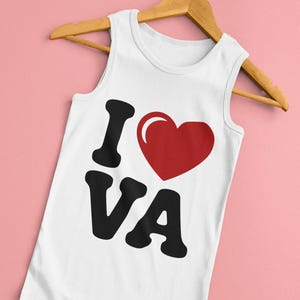 a white tank top that says "I Love VA" with a heart graphic