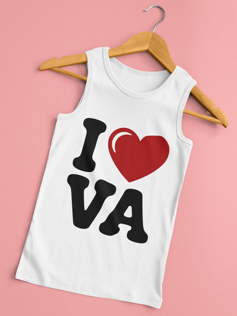 a white tank top that says "I Love VA" with a heart graphic
