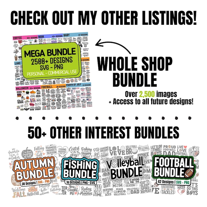 Check out my other listings! Whole Shop Mega Bundle Over 2500 Images. 50+ Other Interest Bundles, Autumn Bundle, Fishing Bundle, Volleyball Bundle, Football Bundle