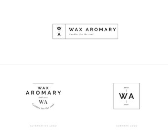 Puede incluir: Tres diseños de logo diferentes para una empresa de velas llamada "Wax Aromary". El primer logo es un cuadrado con las letras "W" y "A" dentro. El segundo logo es un círculo con el texto "Wax Aromary" y "Candles for the soul" dentro. El tercer logo es un cuadrado con las letras "WA" dentro y el texto "Estd 2022" debajo.