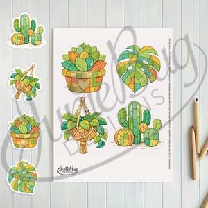 May include: A collection of colorful, stitched-style plant stickers, including cacti, succulents, and a monstera leaf. The stickers feature shades of green, yellow, and orange, with a heart detail on one pot. The image includes the text "Jamie Bug Designs".