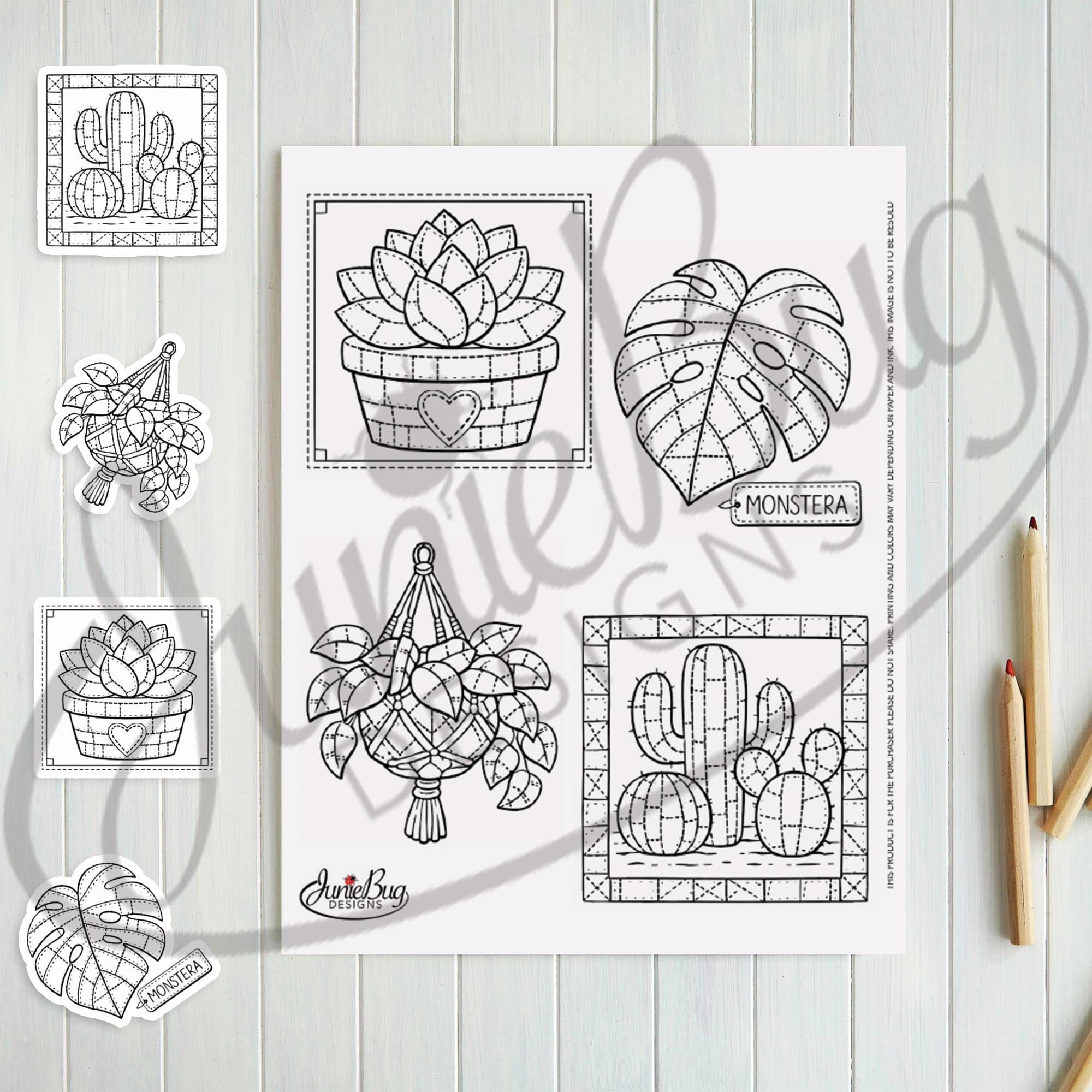Printable Plant Coloring Pages Set Quilted Botanical Cactus Monstera ...