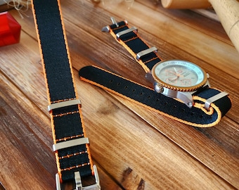 NATO Seat Belt Strap Nylon 20mm Black with Orange Edge Watchband Military Hunter Satin Brushed Buckles 270mm long fast ship USA MilStrap