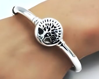 Sterling Silver Tree of Life Bracelet - 6.5", Spring Hinged Bangle, Hollow Form, Light - Perfect Gift for Her - Unique Birthday Gift 1403