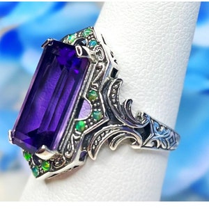 Victorian Design Lab Amethyst & Green Lab Fire Opal 925 Solid Sterling Silver Ring, Art Deco to Victorian Designs, Antique Design #B463