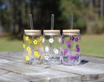 Mother's Day Floral Iced Coffee Cup – Retro Beer Can Glass, Wildflower Design
