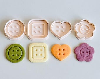4-Piece Button Cookie Cutter Set | Classic Floral Heart Round Square Shapes | Embossed Fondant Stamp