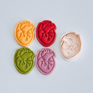 May include: Five heart-shaped cookie cutters, four are red, green, yellow, and pink, and one is a clear plastic cutter.