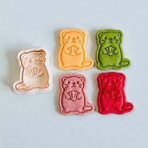 May include: A white plastic otter-shaped cookie cutter positioned next to four otter-shaped cookies in orange, green, pink, and red. Each cookie features an embossed design of an otter holding a small shell against its chest, with distinct facial features.