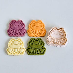 May include: Six frog-shaped cookie cutters in various colors: purple, orange, yellow, green, and a pink outline. The cutters are arranged on a light blue surface. The frog design features large eyes and detailed legs.