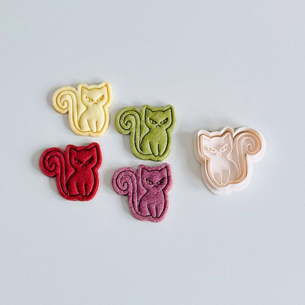 Cat Cookie Cutter | Halloween Black Cat Cookie Cutter Stamp Set | Animal Fondant Molds | 3D Printed