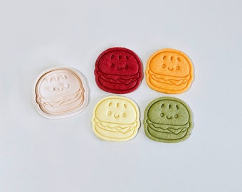 Cortador de galletas de hamburguesa / Juego de sellos cortadores de galletas de hamburguesa con queso con cara sonriente / Cortador de galletas de comida rápida / Impreso en 3D