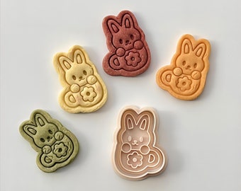 May include: Five bunny-shaped cookie cutters, each with a different color and design. The cutters are made of plastic and have a smooth finish. The cutters are arranged in a circle on a white background.