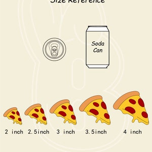 May include: Size reference guide for pizza slices. Five pizza slices are shown, ranging in size from 2 inches to 4 inches. A soda can is shown for scale.