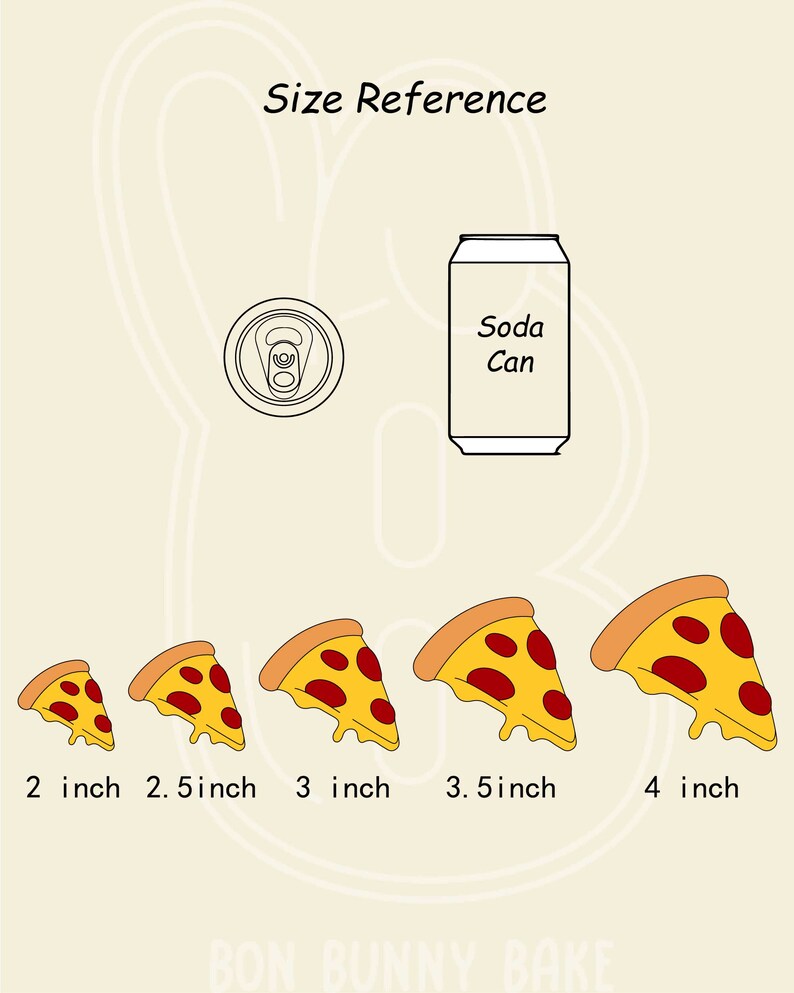 May include: Size reference guide for pizza slices. Five pizza slices are shown, ranging in size from 2 inches to 4 inches. A soda can is shown for scale.