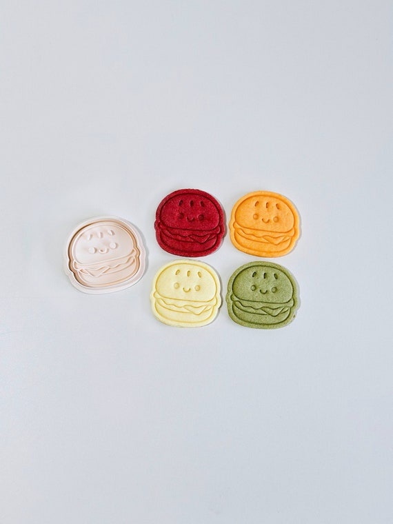 Hamburger Cookie Cutter | Smiley Face Cheeseburger Cookie Cutter Stamp Set | Fast Food Cookie Cutter | 3D Printed
