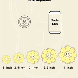 May include: Size reference guide for smiley face iron-on patches. The patches are shown in five sizes: 2 inches, 2.5 inches, 3 inches, 3.5 inches, and 4 inches. A soda can is shown for scale.
