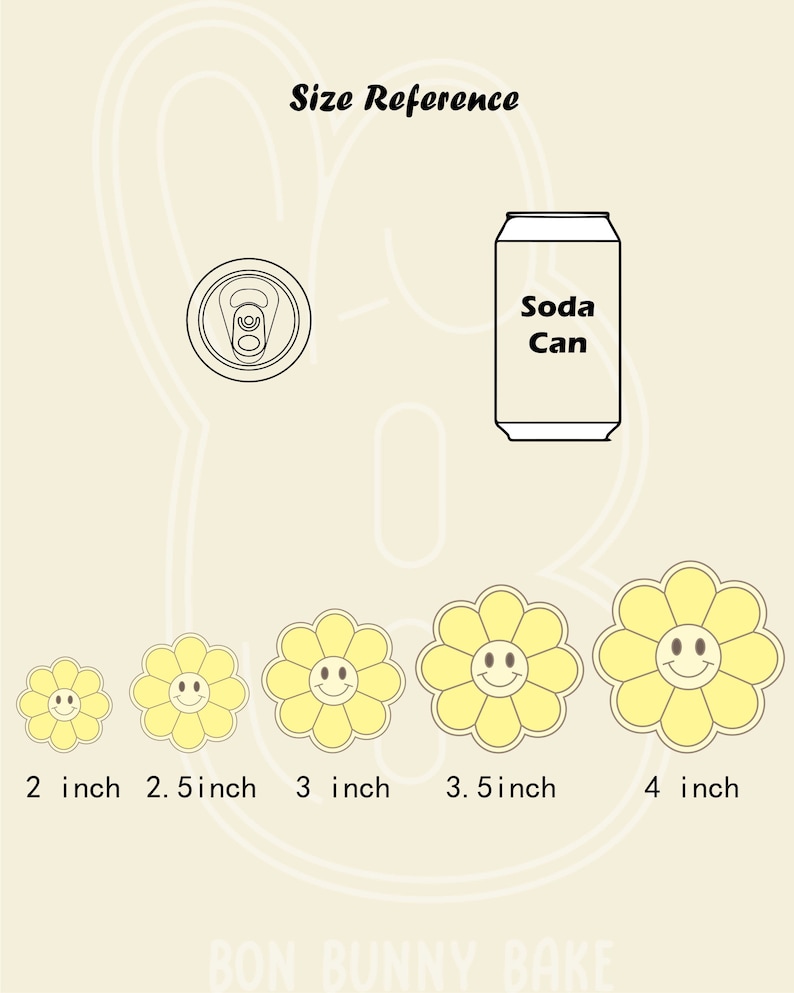 May include: Size reference guide for smiley face iron-on patches. The patches are shown in five sizes: 2 inches, 2.5 inches, 3 inches, 3.5 inches, and 4 inches. A soda can is shown for scale.