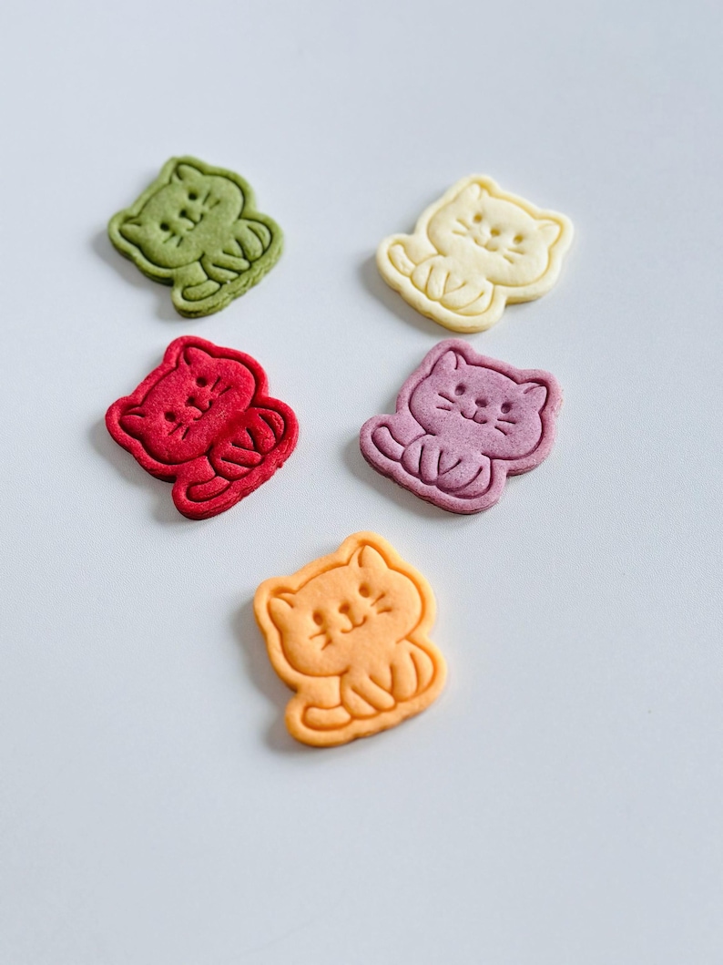 Puede incluir: Cinco galletas con forma de gato en varios colores: verde, amarillo, rojo, morado y naranja. Cada galleta tiene un contorno detallado y rasgos faciales, sobre una superficie blanca. Un dulce divertido y colorido.