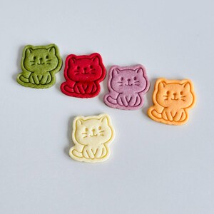 Puede incluir: Seis galletas con forma de gato en varios colores: verde, rojo, morado, naranja y amarillo. Cada galleta tiene un dise&ntilde;o sencillo, tipo caricatura, con una cara sonriente y una pose sentada. Las galletas est&aacute;n dispuestas sobre una superficie blanca.