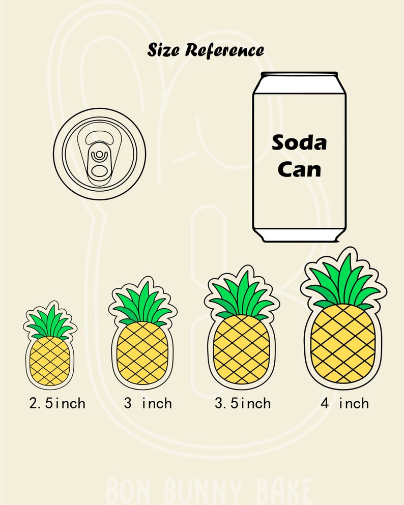 May include: Size reference guide for pineapple cake toppers. The guide shows five pineapple cake toppers in different sizes: 2.5 inches, 3 inches, 3.5 inches, and 4 inches. The toppers are yellow with green leaves and are shown next to a soda can for scale.