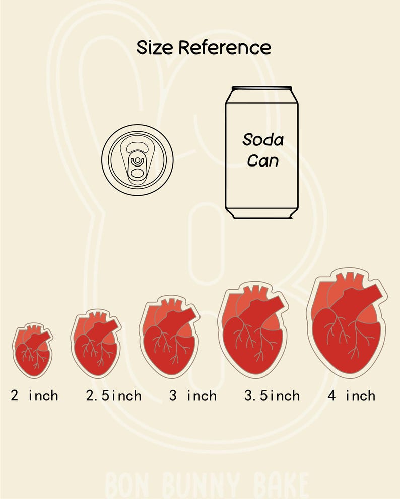 May include: Size reference guide for heart-shaped pins. Five red heart-shaped pins are shown in increasing size from 2 inches to 4 inches. A soda can is shown for scale. The text "Size Reference" is at the top of the image. The text "Soda Can" is inside the soda can. The text "2 inch", "2.5 inch", "3 inch", "3.5 inch", and "4 inch" are below the hearts.