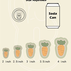 May include: Size reference guide for carrot-shaped cookie cutters. Five different sizes are shown, ranging from 2 inches to 4 inches. The image also includes a soda can for scale.