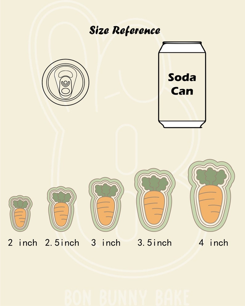 May include: Size reference guide for carrot-shaped cookie cutters. Five different sizes are shown, ranging from 2 inches to 4 inches. The image also includes a soda can for scale.
