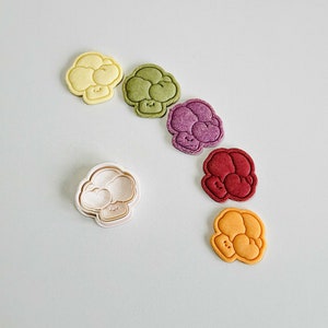 May include: A set of six cookie cutters in the shape of a broccoli floret. The cutters are in various colors, including yellow, green, purple, red, and orange. The cutters are arranged in a semi-circle on a light gray background.