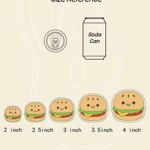Puede incluir: Gu&iacute;a de referencia de tama&ntilde;o para un conjunto de cinco cortadores de galletas de hamburguesa de dibujos animados. Los cortadores tienen un di&aacute;metro de 2 pulgadas, 2,5 pulgadas, 3 pulgadas, 3,5 pulgadas y 4 pulgadas. Se muestra una lata de refresco para la escala.