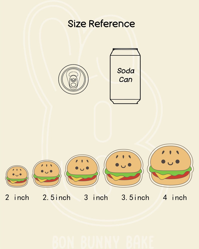 Puede incluir: Gu&iacute;a de referencia de tama&ntilde;o para un conjunto de cinco cortadores de galletas de hamburguesa de dibujos animados. Los cortadores tienen un di&aacute;metro de 2 pulgadas, 2,5 pulgadas, 3 pulgadas, 3,5 pulgadas y 4 pulgadas. Se muestra una lata de refresco para la escala.
