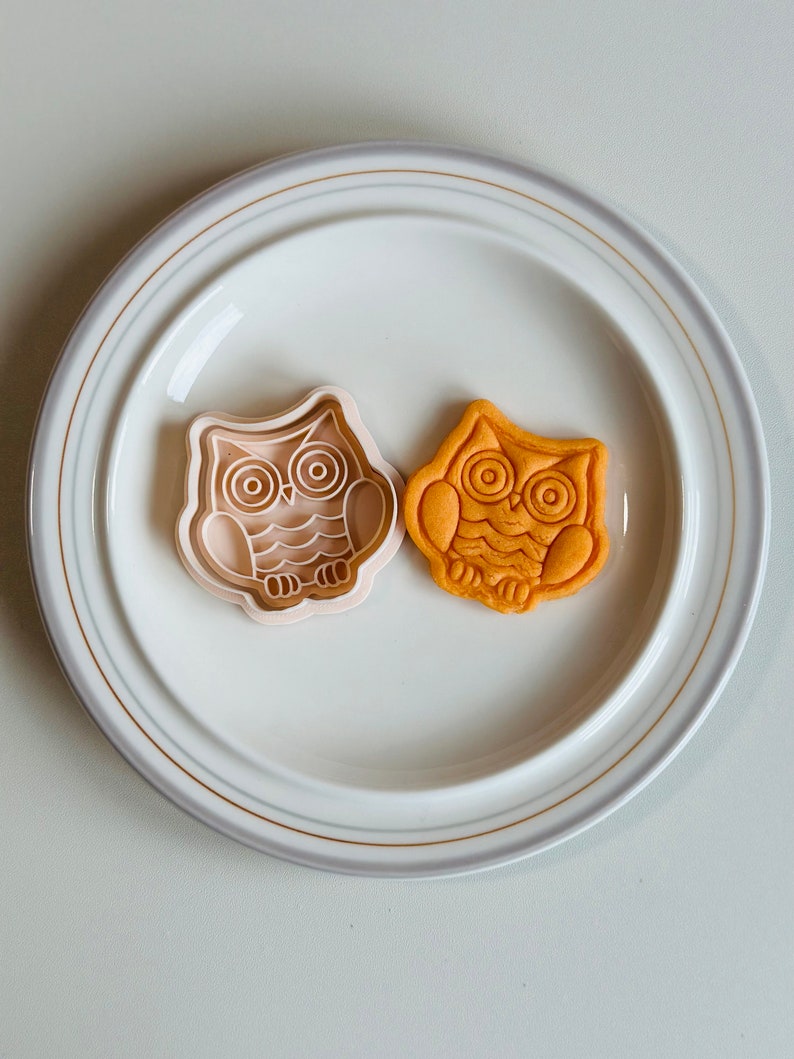 May include: A white ceramic plate with a gold rim features two owl-shaped cookie cutters. One cutter is made of white plastic and the other is a golden brown cookie.