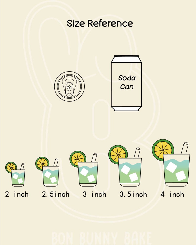 Pu&ograve; includere: Una guida di riferimento per le dimensioni delle bevande, che mostra una lattina di soda, un tappo di lattina e cinque bicchieri di una bevanda verde con cubetti di ghiaccio e una fetta di lime. I bicchieri sono etichettati con la loro dimensione in pollici: 2 pollici, 2,5 pollici, 3 pollici, 3,5 pollici e 4 pollici.