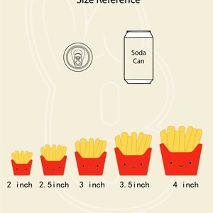 May include: Size reference guide for french fries. Five different sizes of french fries are shown in red and yellow containers with smiling faces. The sizes are 2 inches, 2.5 inches, 3 inches, 3.5 inches, and 4 inches. A soda can is shown for scale.