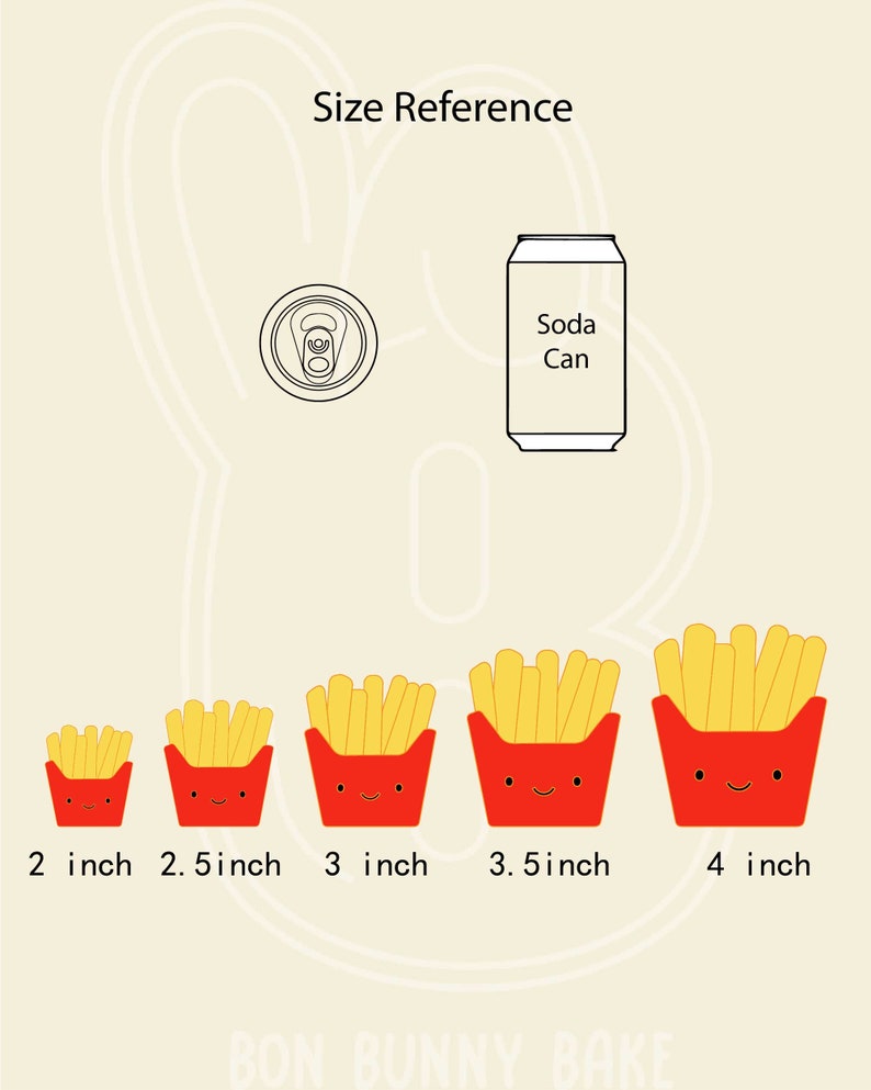 May include: Size reference guide for french fries. Five different sizes of french fries are shown in red and yellow containers with smiling faces. The sizes are 2 inches, 2.5 inches, 3 inches, 3.5 inches, and 4 inches. A soda can is shown for scale.
