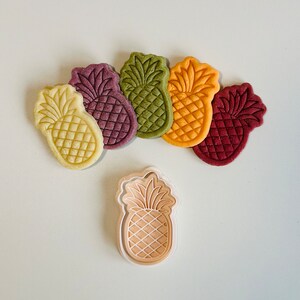 May include: Five pineapple-shaped cookie cutters in different colors: yellow, green, purple, red, and beige. The cutters are arranged in a semi-circle with the beige cutter at the bottom. A white plastic pineapple cookie cutter is in the center.